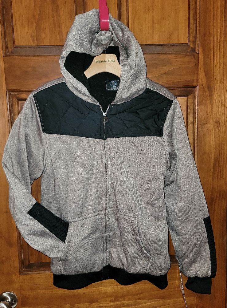 NWT Boys Hooded Fleece Jacket, Blue Gear, Fully Lined, Sand Marl, Size L(14/16)